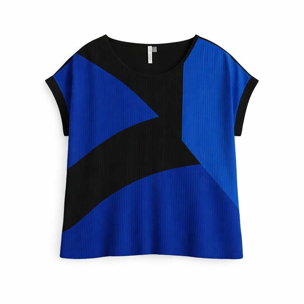 NY Collection‎ Women’s XL NWT Blue Black Pleated Colorblock Blouse Short Sleeve